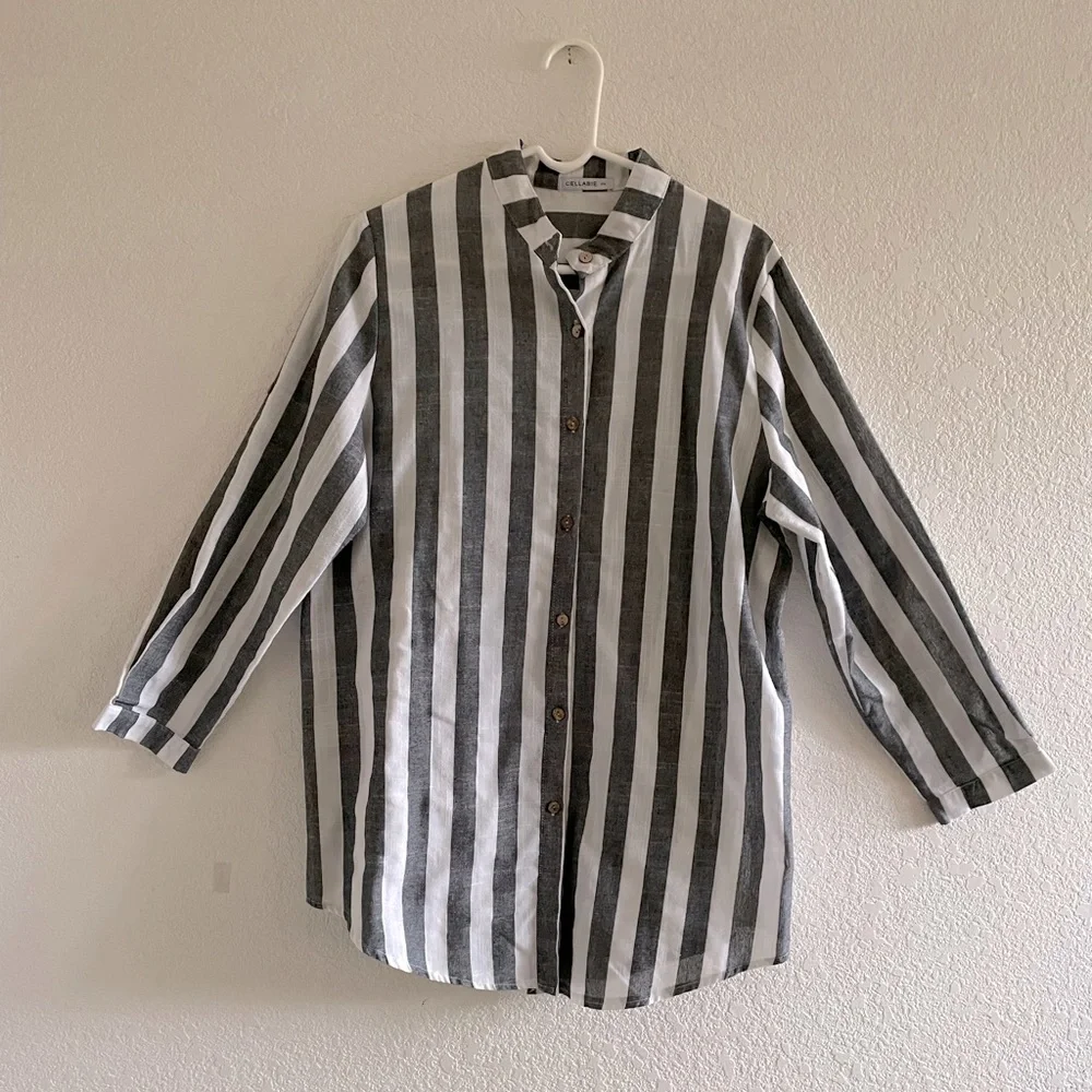 Cellabie blouse grey and white striped measures XL-1X - Picture 1 of 5
